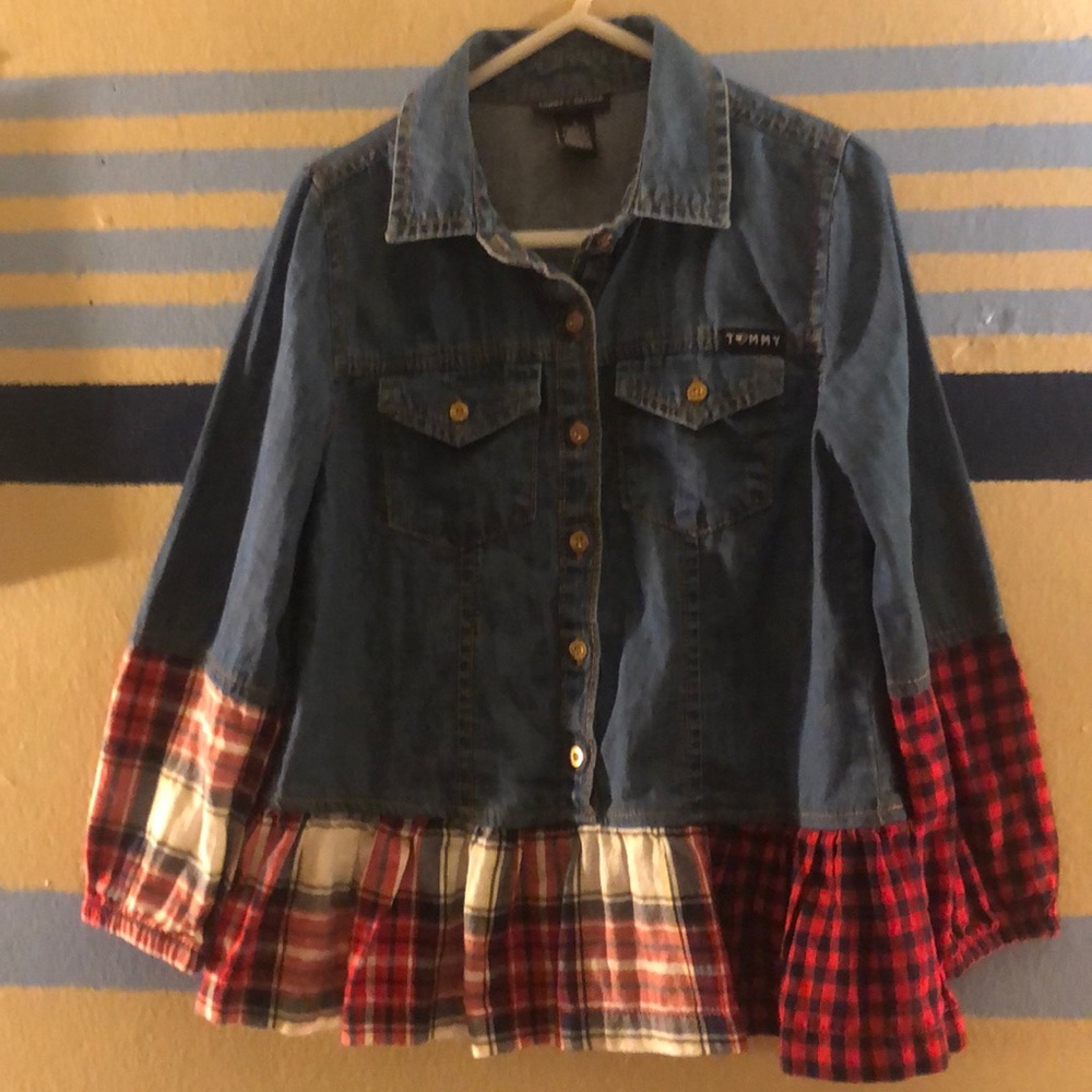 Girls Denim and plaid peplum top